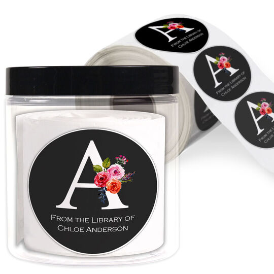 Charcoal Floral Bunch Initial Library Round Stickers in a Jar